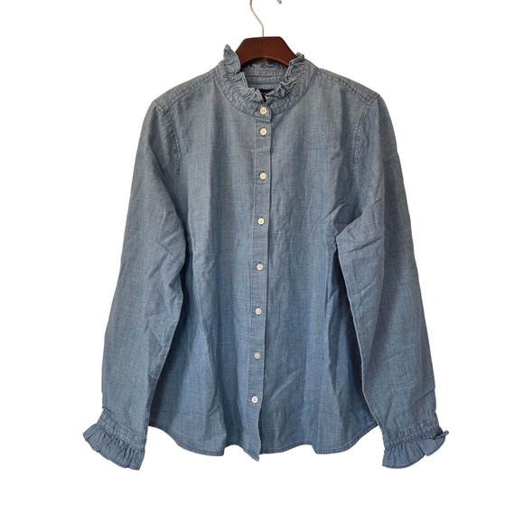 J. Crew Chambray Ruffle Buttondown Top Shirt Women XL Blue NWT $110 CP619